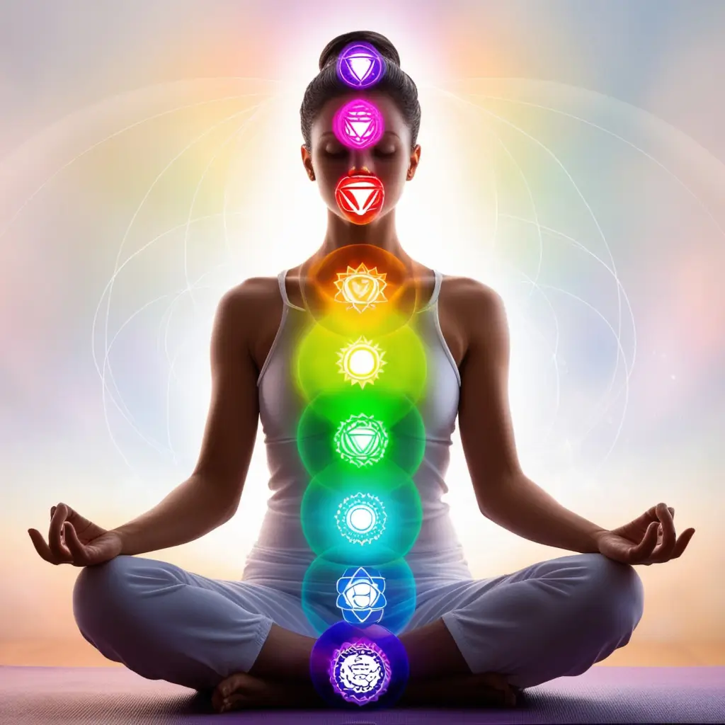 Image d’une personne en méditation avec les sept chakras alignés et illuminés pour illustrer l’équilibrage énergétique des chakras